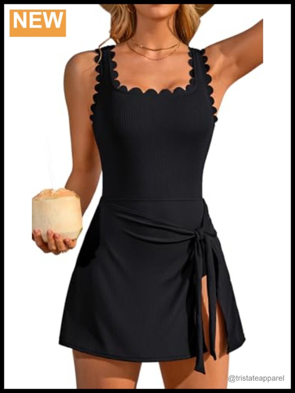 Ribbed One Piece Swim Dress Modest Swimdress with Skirt Scalloped Square Neck